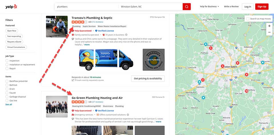 Screenshot of the search results page on Yelp for "Plumbers in WInston-Salem, NC"